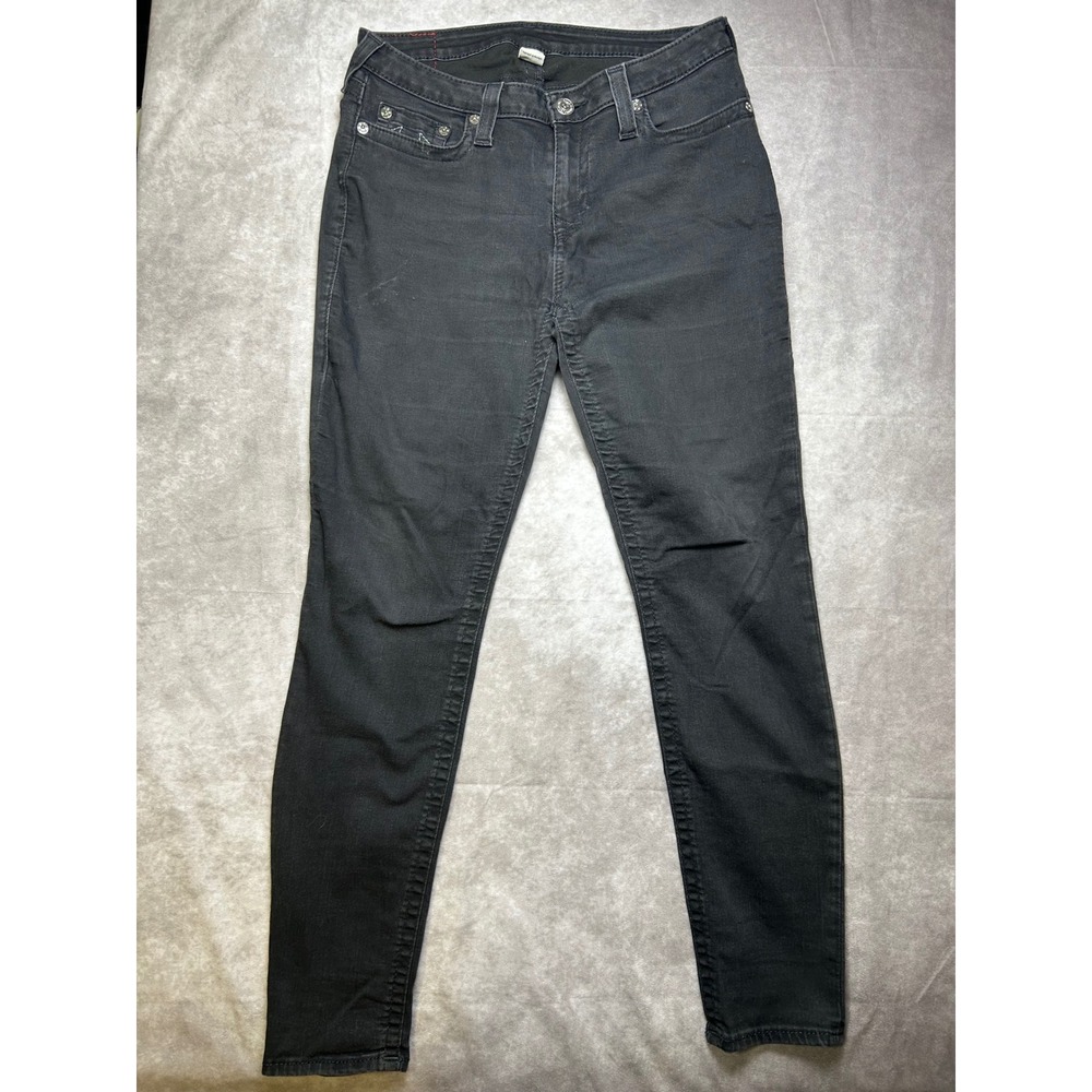 True Religion Womens Skinny Jeans Size 32 Black Horseshoe Stitch Denim